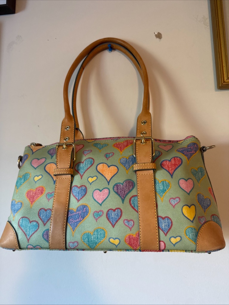 Dooney & Bourke Multicolor Heart Print Tote With Tan Trim